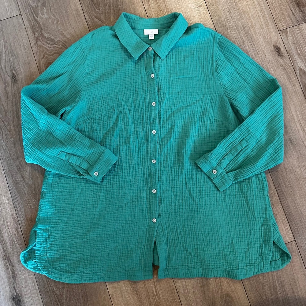 J. Jill Teal Green Cotton Double Gauze Button Down Shirt Plus Size 2X